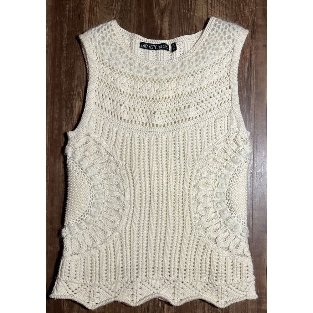 Lafayette 148 Crochet Sweater Vest Womens Sz M Ivory Wool Mohair Sleeveless Top
